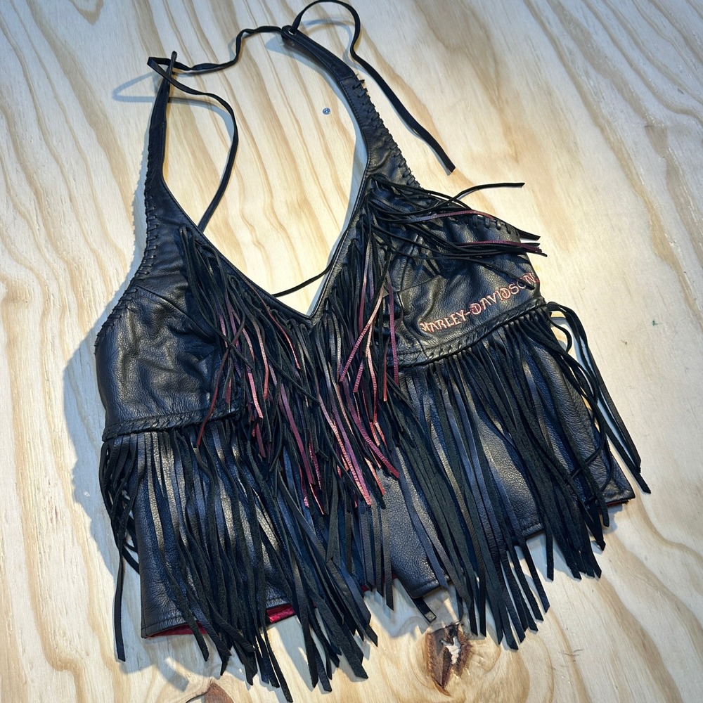 Harley-Davidson Womens Black Leather Fringe Halter Top Embroidered Logo Small